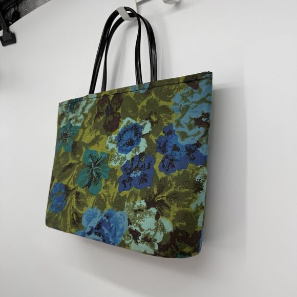 Unbranded Vintage Floral Blue Green Multi Tote Bag Boho 60s 70s Plastic - Picture 2 of 11